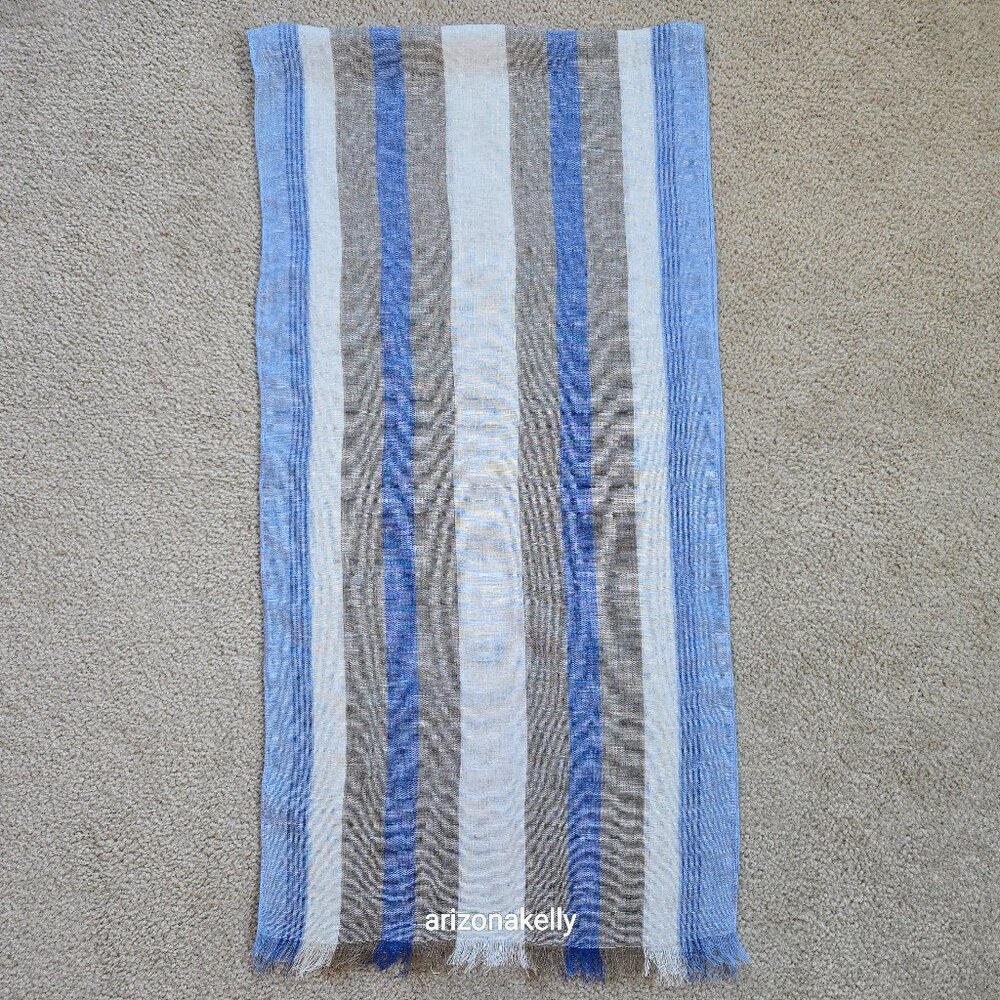 Puro Lino Linen Scarf Stripe Blue White & Taupe Italian Linen